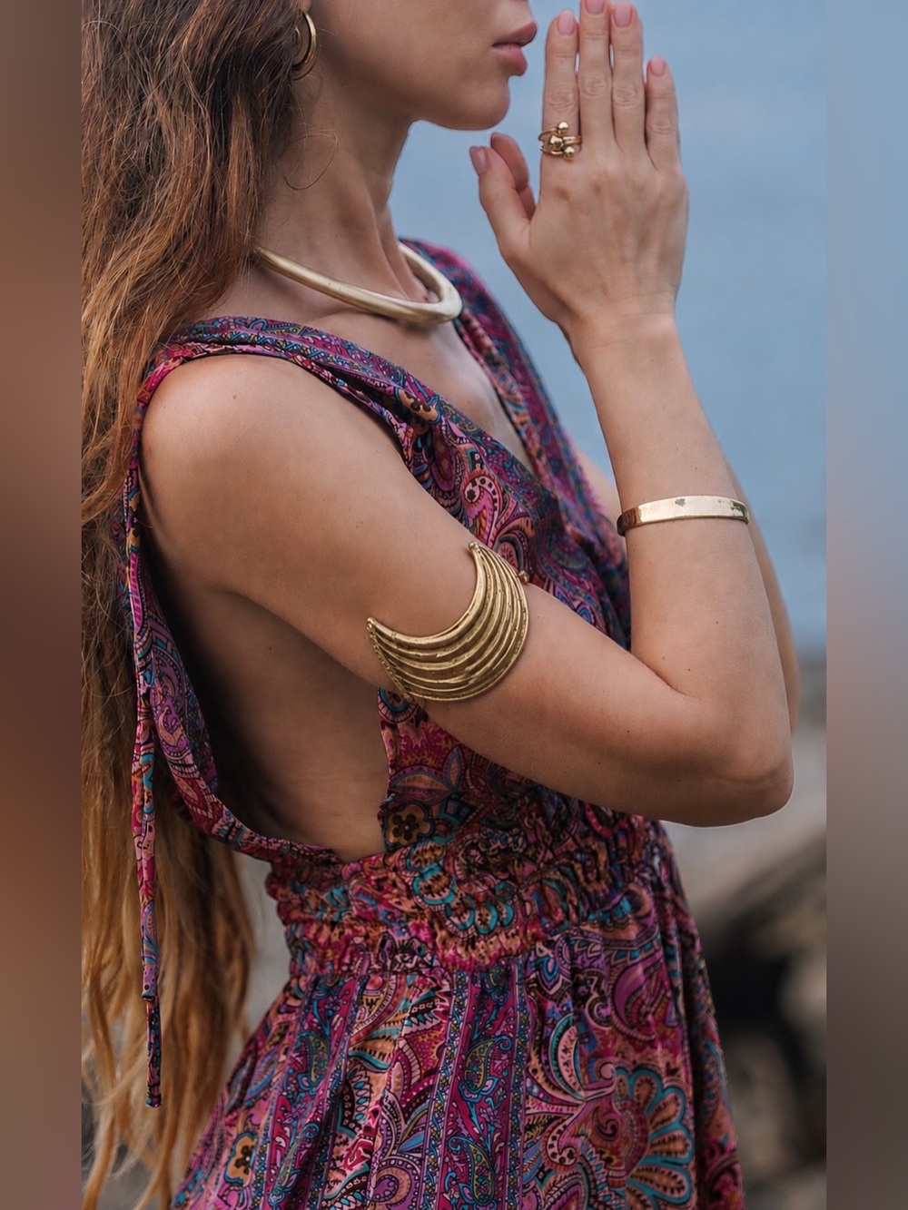 Pebby Forevee Gold Brass Crescent Moon Arm Cuff Boho Festival Adjustable